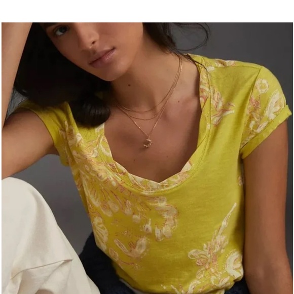 Anthropologie pilcro Yellow Floral springtime Short Sleeve Tee size large - Picture 2 of 15